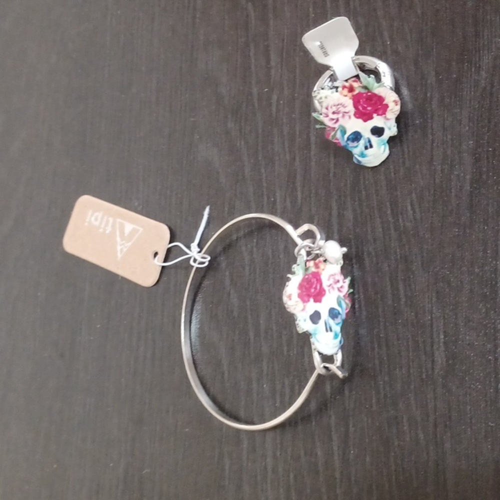 Floral Skull Silver Bracelet & Ring Set